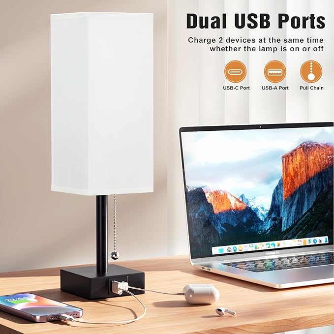 aooshine Bedside Table Lamps Set of 2 - Small White Bedroom Lamps with 3 Color Temperatures (3000K/5000K/4000K), Square Nightstand Lamp with USB C + A Charging Ports, Pull Chain Night Light