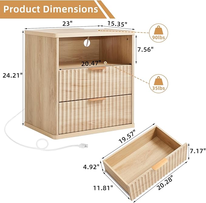 LEYAOYAO Fluted Farmhouse Nightstand Set of 2 with Charging Station, 23" Wide 2 Drawers End Table,Natural Dresser for Bedroom,Bed Side Table Chest of Drawers Cabinet,Wood Night Stand for Living Room