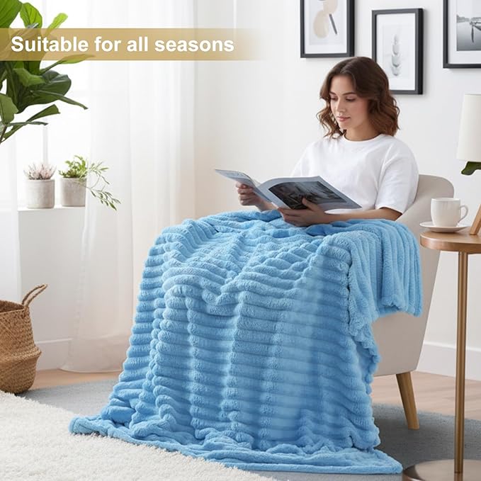 decorUhome Christmas Soft Fleece Blue Throw Blanket for Couch, Cozy Fluffy Plush Flannel Striped Blanket for Sofa Bed, Lightweight Decorative Ribbed Fuzzy Blanket for Woman, 50x60 Inches