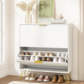 Shoe Storage Cabinet with 2 Flip Drawers, Fluted White Shoe Cabinet Storage for Entryway Slim, Narrow Shoe Organizer Cabinet, Modern Freestanding Shoe Rack for Entryway, White