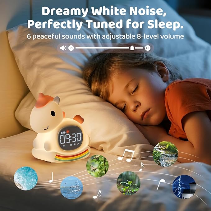 Alarm Clock with Night Light for Kids with Sleep Training and Sound Machine, Rechargeable Silicone Lamp OK to Wake Clock，Cute Animal Tabletop Lamp, Perfect Sleep Companion for Boys Girls,Pink Pony
