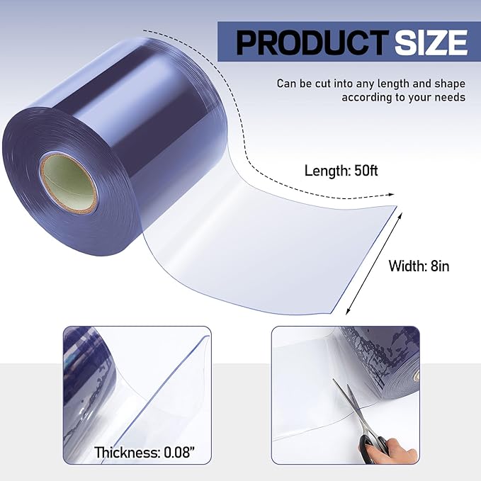 Moukeren Plastic Door Curtain for Winter 50 ft x 8 Inch Thermal Insulated Garage Door Strip Curtains Smooth Waterproof Clear PVC Strip Curtain for Warehouse Freezer, 0.08" Thickness(Classic)