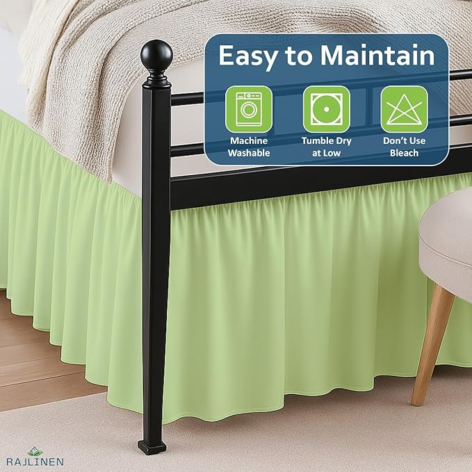 Rajlinen Ruffled Bed Skirt Full XL, 15 Inch Drop Dust Ruffle with Split Corners, 100% Microfiber Bedskirt with Platform, Three-Sided Coverage Ruffled Gathering Design, Sage