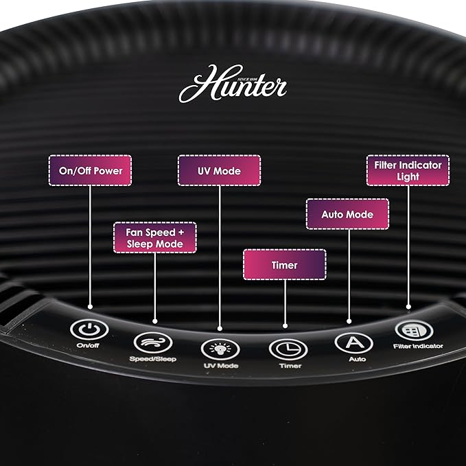 Hunter Fan Company Humidifier and Air Purifier In One, Advanced Filtration Air Purifiers for Home, Air Purifiers for Home Pets, Humidifiers for Bedroom and Humidifiers for Bedroom Baby, Black/Silver