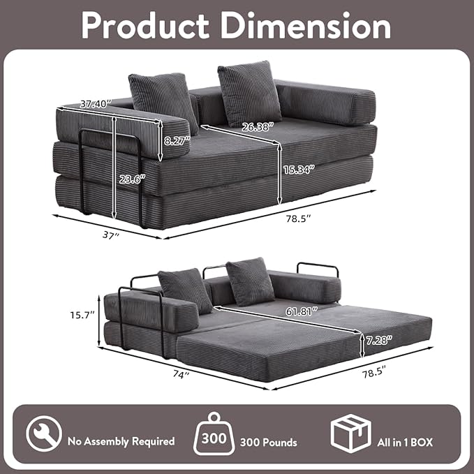 4-in-1 Convertible Folding Sleeper Sofa Bed, Fold Out Floor Sofa Couch with Fixed-Shape Frame, Cloud Corduroy Foldable Mattress Couch for Living Room Bedroom (78.5" Corduroy, Dark Grey)