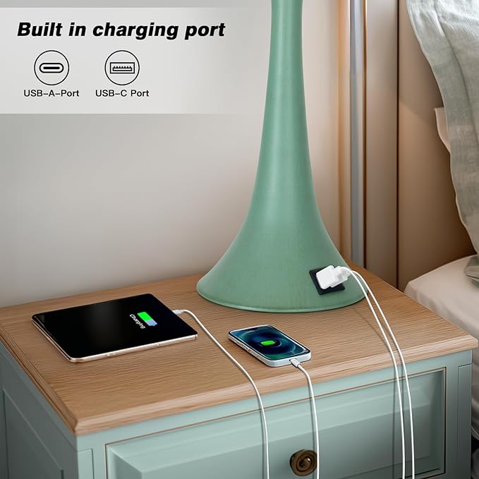 Coastal Modern Green Table Lamps Set of 2 for Living Room, 27.5" Tall Bedside Lamp with USB Charging Port,3-Way Dimmable Touch Nightstand Lamp for Bedroom Desk Side Table Office,Green