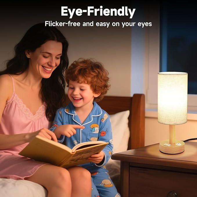 Small Bedside Table Lamp with AC Outlet,Natural Round Wood Base&Fabric Linen Shade,Cozy Night Table Light for Study Reading,Minimalist Boho Desk Lamp for Nightstand,Living Room,Nursery,Kitchen,Dorm