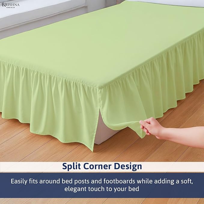 KRISHNA Ruffled Bed Skirt with Split Corners Twin, 100% Microfiber Hotel Quality, 21 Inch Drop Dust Ruffle Gathered Bedskirt with Platform, 39" x 75", Sage