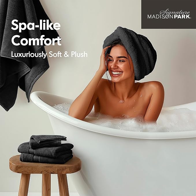 Madison Park 800GSM Bath Sheet Towel Oversized 34" x 68" 2 Pack 100% Cotton Bath Towel Set Highly Absorbent Hotel Spa Quality for Bathroom, Black