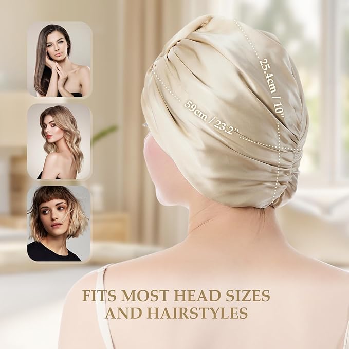 Silk Bonnet for Sleeping Women, 100% Mulberry Silk Sleep Cap with Elastic Band, Real Mulberry on Both Sides, Champagne