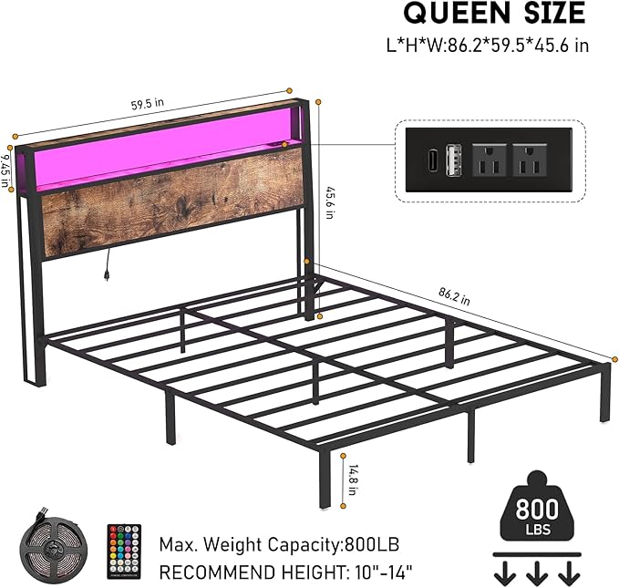 Queen Size Bed Frame with 2-Tier Storage Headboard with Charging Station and 12 Color LED Lights,2 Tier Solid Wood Headboard Storage,Noise Free, No Box Spring Needed/Remote Control/Vintage Brown