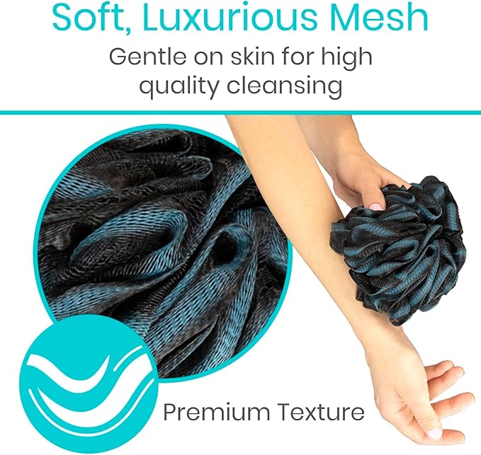Vive Loofah Sponge Replacement (4 Pk) Shower & Bath Pouf Scrubber for Back & Body Exfoliation, Works with Vive Interchangeable Loofa Handle Long Brush (Replacement Sponge Black and Blue (4 Pack), 4)