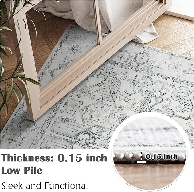 jinchan Lima Kitchen Runner Rug 3x8-2pcs, Bohemian Hallway Washable Rug Floral Non Slip with Rubber Backing Vintage Carpet Runner for Bedroom Bathroom Laundry Room Living Room Decor Grey