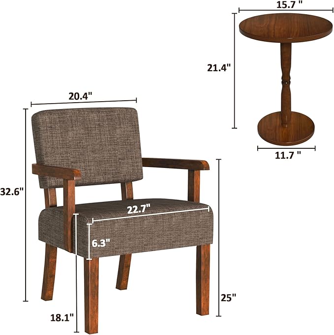 Accent Chair Set of 2 with Table, Living Room Chairs with Soft Seat & Armrests for Living Room Bedroom Reading Room Waiting Room (Brown), (AC01)