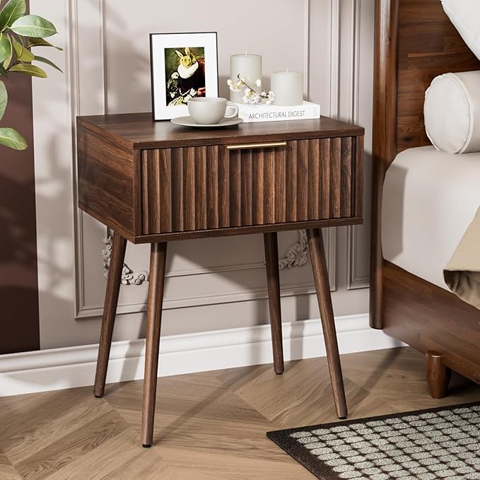 VINGLI Nightstands Set of 2, Fluted Night Stand with Drawer, Bedside Table, Wood Nightstand for Bedroom, Mid Century Modern End Tables, Walnut, 18.9" W*14.96" D*24" H