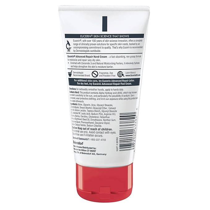 Eucerin Advanced Repair Hand Cream, Immediately Soothes and Repairs Very Dry Skin, Fragrance Free, Non Greasy, Fast Absorbing, Travel Size Hand Lotion, 2.7 Oz Tube, Pack of 3