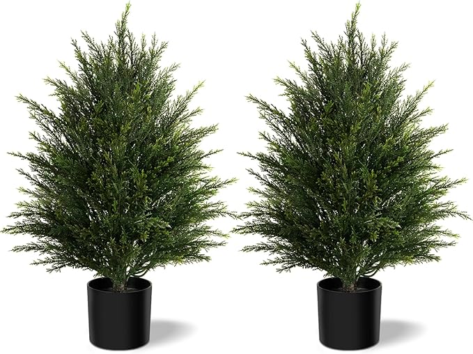 Mavis's Diary Artificial Topiary Ball Tree, Indoor Realistic Faux Boxwood Bush Potted Plants, Outdoor Fake Shrubs Cedar Evergreen Plants for Home Living Room Front Porch Decor (2, 2ft)