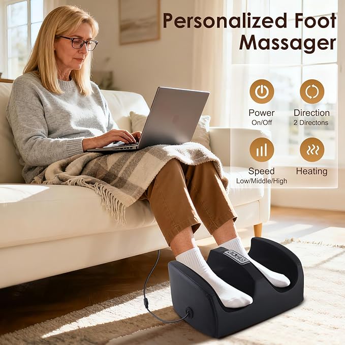 Foot Massager with Heat, Electric Foot and Calf Massager with Roller, Deep Tissue Massage for Plantar Fasciitis, Neuropathy & Pain Relief, Gifts for Women & Men(Black)