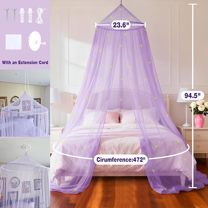 Purple Princess Bed Canopy for Girls with Glowing Stars, Canopy Bed Curtains for Twin, Full, and Queen Sizes; Ceiling Tent for Reading Nooks, Mosquito Net for Indoor Room Decor and Outdoor Use