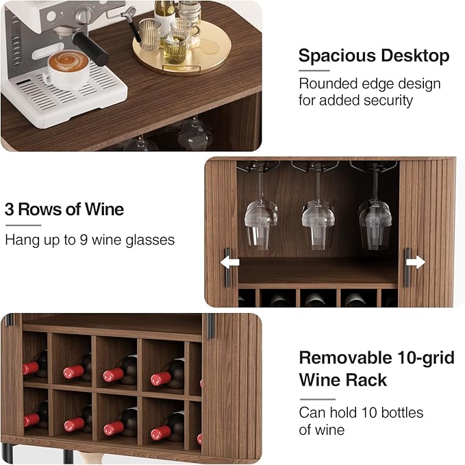 Coffee Bar Cabinet with Storage, Fluted Wine Cabinet with Sliding Doors, Glass Holder and Wine Rack, Buffet Sideboard Liquor Cabinet for Kitchen, Dining Room, Living Room, Walnut