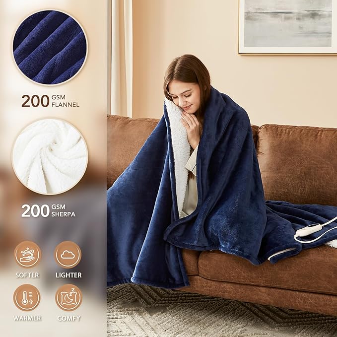 Homemate Heated Blanket Electric Throw - 50"x60" Heating Blanket Throw 1/2/4/6/8 Hours Auto-Off 10 Heat Level Over-Heat Protection Flannel Sherpa ETL Certification