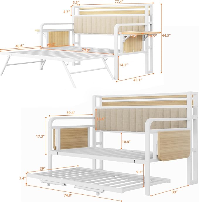 Daybed with Trundle, Twin Trundle Bed Frame - Metal Day Bed with LED Lights, Upholstered Storage Headboard & Charging Station, Pop Up Sleeper, Modern Design for Living Room and Guest Room-White