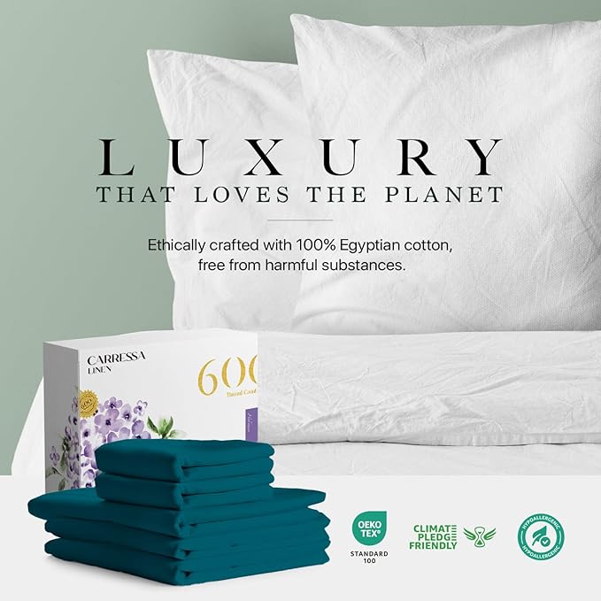 Carressa Linen 100% Egyptian Cotton Split King Sheets Sets for Adjustable Bed - 600 Thread Count 5 PC Top Split King Sheets, 16" Deep Pocket Soft Cooling Sheets for Split King Adjustable Bed - Teal