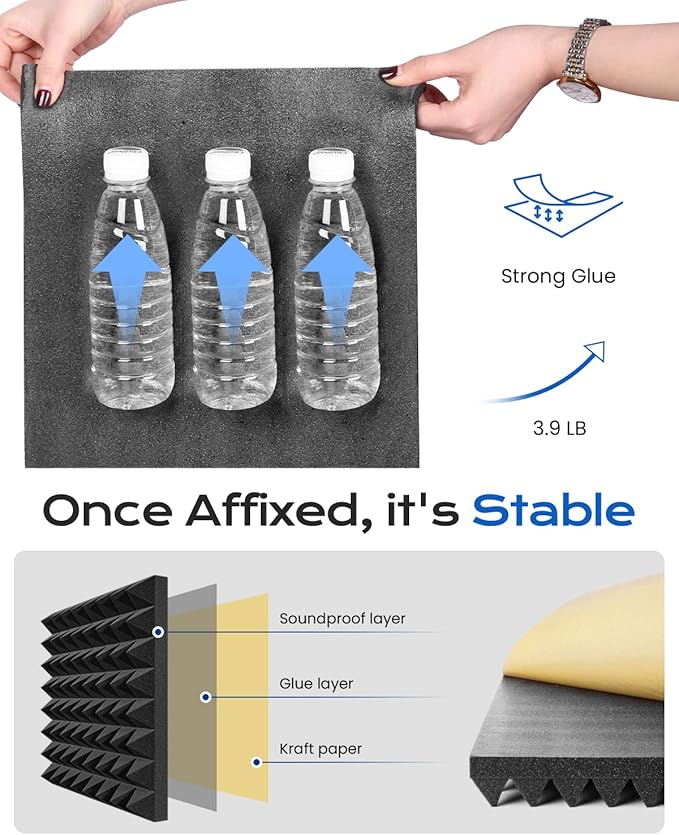 Sonicism Sound Proof Foam Panels for walls Self-Adhesive 18 Pack Pyramid 12" X 12" X 2" Acoustic Panels 35kg/m³High Density,Soundproof Wall Panels Fast Expand,Sound Absorption and Decoration,Black