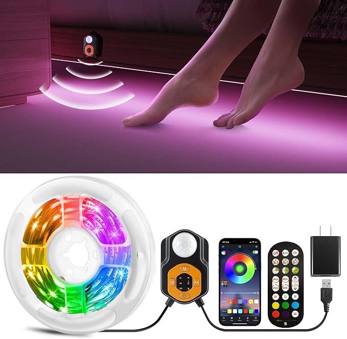 Under Bed Lights Motion Sensor LED Light Strip, 9.84ft 3 Mode RGB Motion Activated Bed Light with Music Sync and Timer, Color Changing Dimmable Night Lights with Remote APP Control for Bedroom