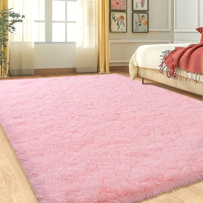 Large Shag Rugs 6 x 9, Pink Area Rug for Girls Kids Living Room Bedroom, Soft Fluffy Fuzzy Plush Carpet, Anti-Skid Shaggy Rug for Home Decor Aesthetic