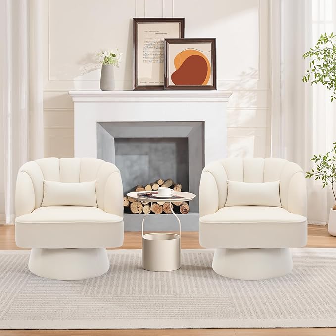 GarveeHome Modern Swivel Barrel Accent Chair, 360 Degree Velvet Upholstered Armchair with Striped Backrest & Plush Padding, Comfy Round Lounge Chair for Living Room, Bedroom, Reading Nook, Beige 2 PCS