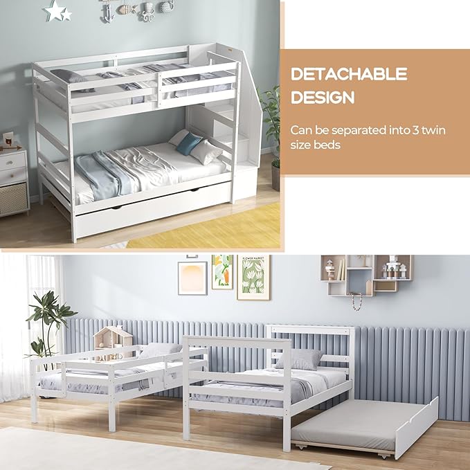 KOTEK Twin Over Twin Bunk Bed with Trundle and Stairs, Solid Wood Bunk Bed Frame with Storage Shelf, Bunk Beds Detachable into 2 Platform Beds for Kids Teens Adults (White)