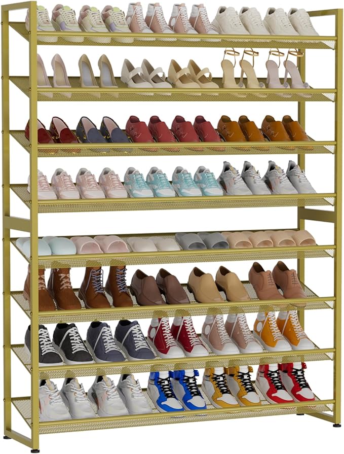 Large Shoe Rack 8 Tier Shoe Organizer, Heavy Duty Metal 4-Tier Stackable Shoe Storage Vertical Shoe Rack for Closet Front Door Entrance, Up to 50 Pairs, 44.8" W x 11.4" D x 56.7" H, Gold