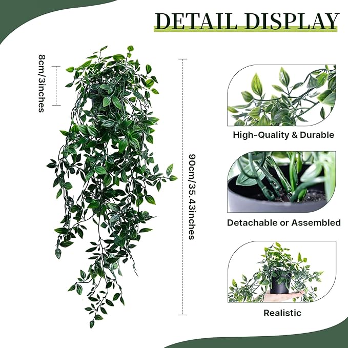 Artificial Hanging Plants for Shelf, Fake Potted Greenery 1-Pack Faux Mandala Vines in Black Pot, Décor for Office Living Room Bathroom Indoor Outdoor