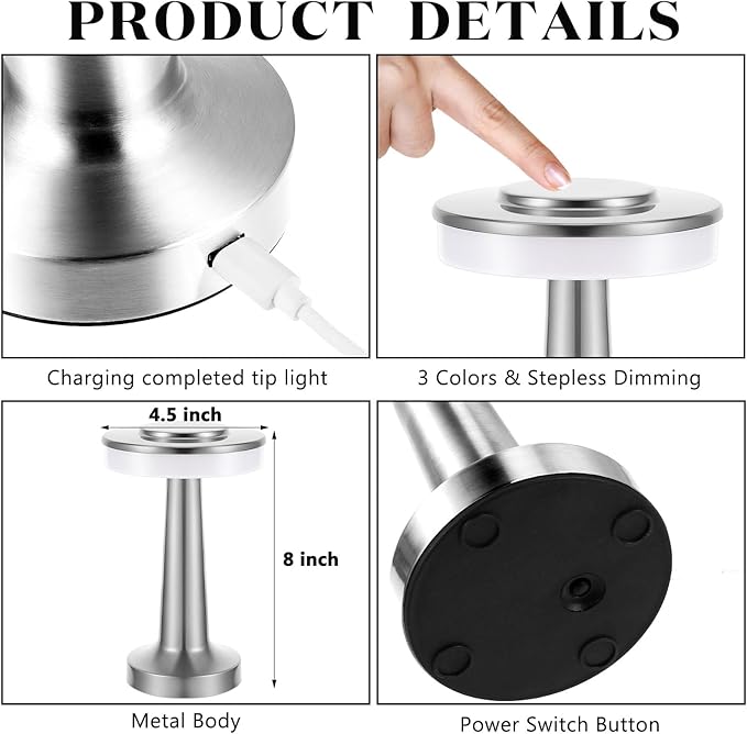 VIHOSE Cordless Table Lamps LED Portable Rechargeable Table Lamp with Touch Sensor 3 Color Dimming up to 15 Hours Battery Desk Light for Restaurant Nursery Living Room(Silver,12 Pcs)