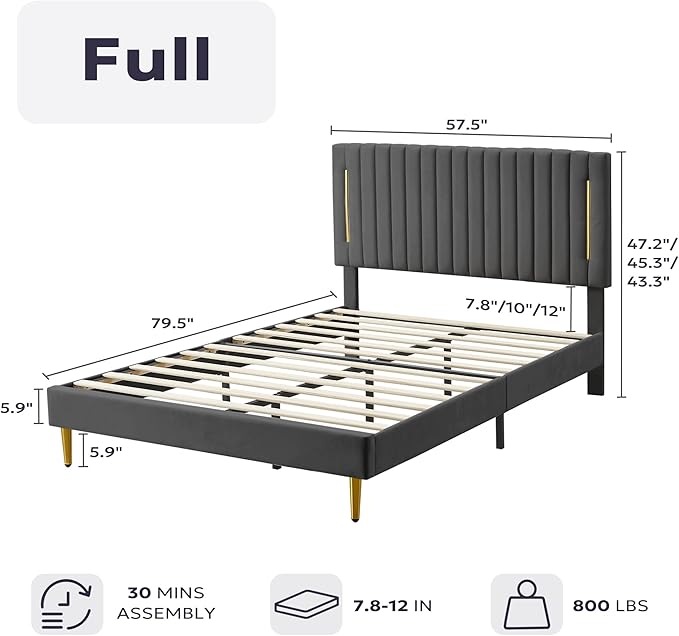 Full Platform Bed Frame, Velvet Upholstered Bedframe with Vertical Channel Adjustable Headboard, Golden Plating Trim, Mattress Foundation with Wooden Slats, No Box Spring Needed, Grey