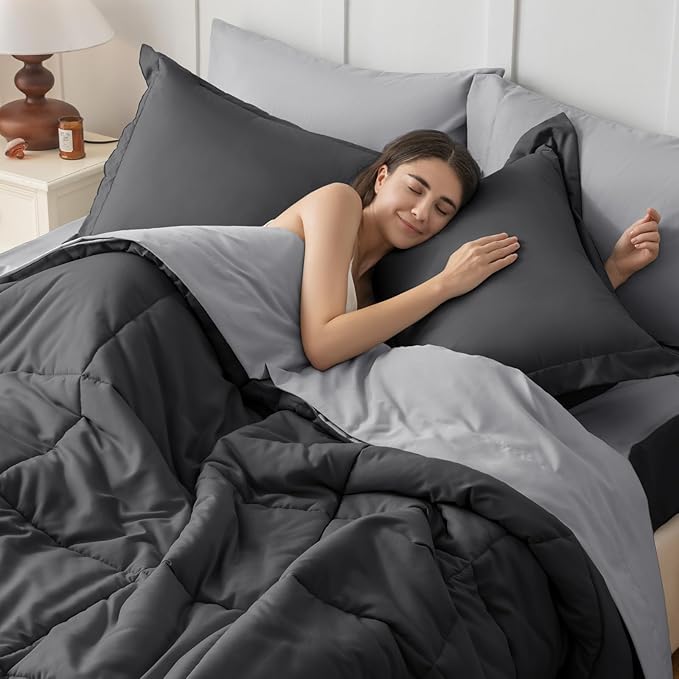 JOLLYVOGUE Queen Comforter Set, Ultra-Soft Bed in a Bag Queen Size 7 Pieces, Oeko-TEX Certified Bedding Set with Down Alternative Comforter, Sheets, Pillowcases & Shams, Dark & Light Grey