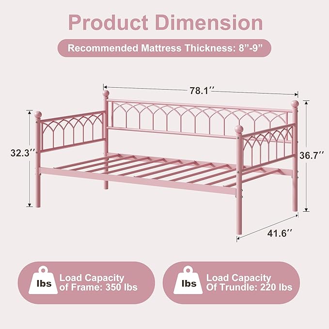 GarveeHome Twin Size Daybed, Sofa Bed Frame with Metal Steel Slat Support, Heavy Duty Metal Bed Frame, Space Saving, Easy Assembly, for Small Spaces, Living Room, Bedroom, Apartment, Pink