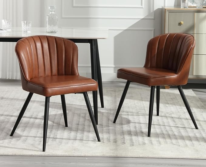 EALSON Modern Dining Chairs Set of 2 Leather Upholstered Accent Dining Room Chairs with Metal Legs Comfortable Armless Kitchen Chairs for Living Room/Dining Room, Brown