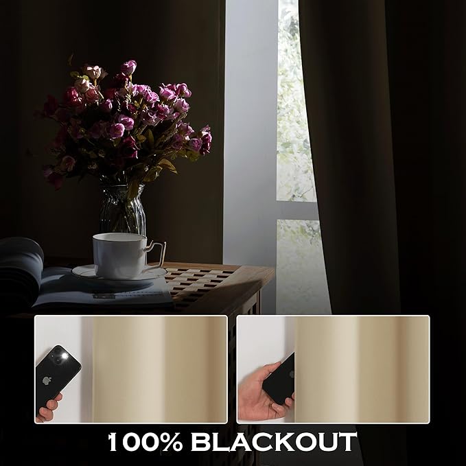 KGORGE 4-in-1 Soundproof Anti Dust 100% Blackout Curtains with Melt-Blown Layer Noise Reducing Thermal Insulating Window Drapes for Bedroom Nursery, W 52 x L 84, Beige, 2 Panels