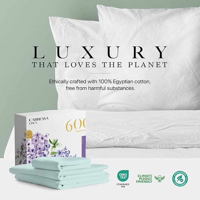 Carressa Linen 100% Egyptian Cotton Twin Sheets Set - 600 Thread Count Egyptian Cotton Luxury Twin Sheets (3 PC, Seafoam Green), 16" Deep Pocket, Soft, Cooling, Sateen Weave College Dorm Room Bedding
