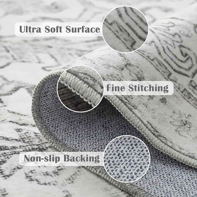 jinchan Lima Washable Area Rug 3x5 Entryway Rug - Distressed Vintage Floral Ultra-Thin Low-Pile Soft Non-Shedding Indoor Floor Carpet for Kitchen Bedroom Entrance Laundry Living Room (3x5ft, Grey)