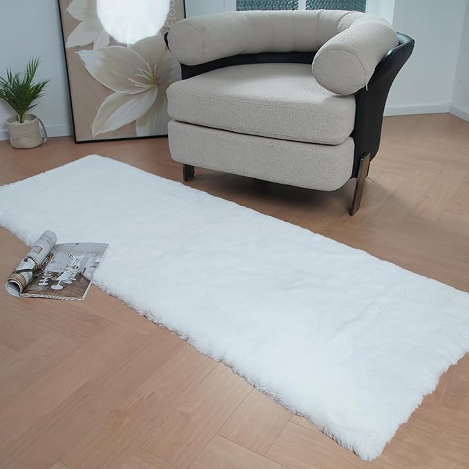 Latepis White Rugs Runners 2x6 Washable Small Shaggy Rug Soft Faux Rabbit Fur Bedside Furry Rugs for Bedroom Accent Rug for Kids Room Sofa Nursery