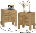 WAMPAT 23.7" Tall Modern Nightstands Set of 2, Wood Nightstand with Charging Station, Bedside Table w/2 Storage Drawers, Curved Profile Design, Sofa Side Table Accent Table for Bedroom, Light Walnut