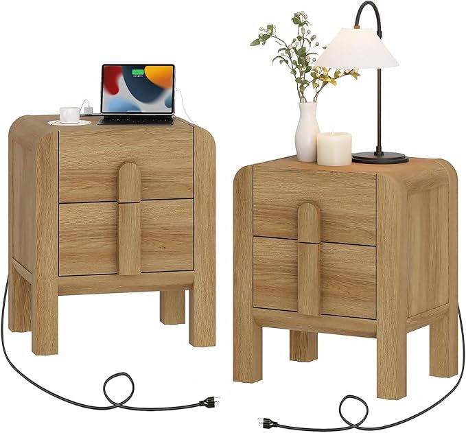 WAMPAT 23.7" Tall Modern Nightstands Set of 2, Wood Nightstand with Charging Station, Bedside Table w/2 Storage Drawers, Curved Profile Design, Sofa Side Table Accent Table for Bedroom, Light Walnut