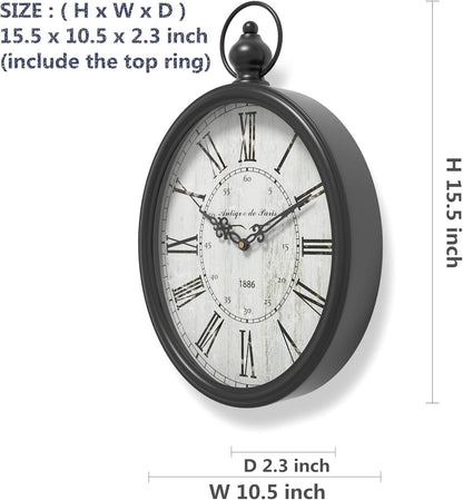 Menterry Oval Retro Wall Clock, Rustic Vintage Style, Black Antique Design, Battery Operated Silent Decor Large Wall Clocks for Kitchen,Farmhouse,Office (15.5" H x 10.5" W)