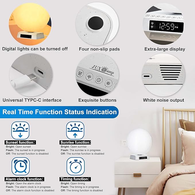 Light Alarm Clock Wake up Light Bioclock Adjustment Sunrise Alarm Clock Awakening lamp Bedside lamp Table lamp Nightstand Lamp Moon-Shaped & APP-Supported