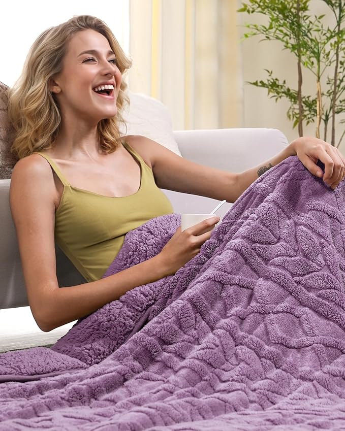 Cottonblue Jacquard Weighted Blanket 15 lbs for Adults Queen Twin Full Size, Fuzzy Sherpa Fleece Weighted Throw Blankets 60x80 in for Relax & Sleep, Cozy Heavy Bed Blankets with Cemaric Beads, Purple