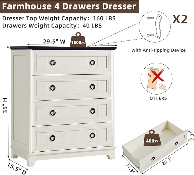 Farmhouse 4 Drawer Dresser for Bedroom, 35" Tall Small Dressers & Chest of Drawers, Rustic Wood Dresser with Metal Handle, Storage Organizer Closet for Living Room, Hallway, Entryway