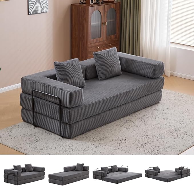 4-in-1 Convertible Folding Sleeper Sofa Bed, Fold Out Floor Sofa Couch with Fixed-Shape Frame, Cloud Corduroy Foldable Mattress Couch for Living Room Bedroom (78.5" Corduroy, Dark Grey)